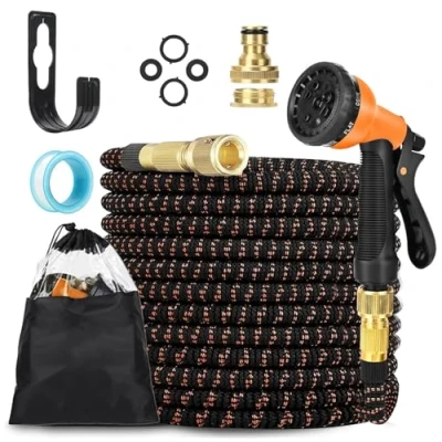 Image de LINGKY Tuyau d&#039;arrosage Extensible 15m, Tuyaux Flexible 100FT, Arrosage avec Pistolet 8 Fonctions et 1/2&#039;&#039; 3/4&#039;&#039; Adaptateurs pour Irrigation du Jardin, Orange