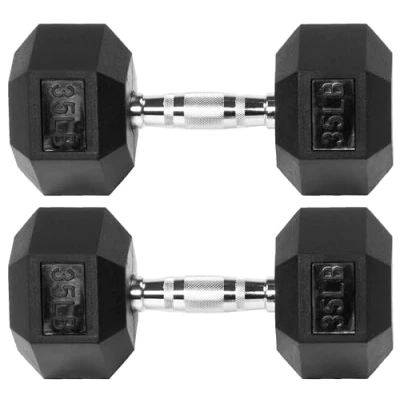 Image de Signature Fitness Paire d&#039;haltères hexagonales recouvertes de caoutchouc qualité supérieure, 15,9 kg