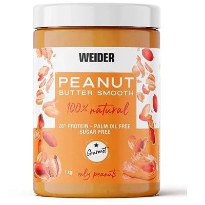 Image de Weider Peanut Butter Smooth (1kg) Beurre de Cacahuète 100% Naturel 26% Protéines Sans Sucre Ajouté Huile Palme Texture Crémeuse et Morceaux