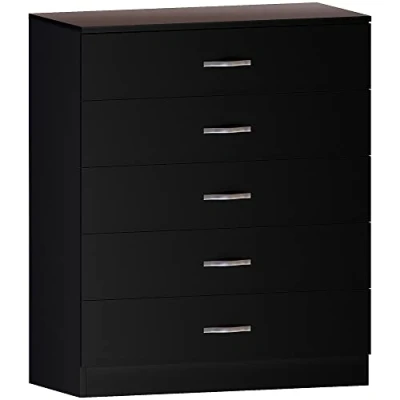 Image de Vida Designs Commode Noire à 5 poignées et glissières en métal, tiroirs Anti Inclinaison Support Unique, Meubles de Chambre Coucher Riano, Product Size: H 90 x W 75 D 36 Cm Approx