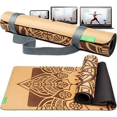 Image de BACKLAxx ® tapis de Yoga liège avec caoutchouc naturel non toxique durable et antidérapant zones antidérapantes Sangle vidéos d&#039;application inclu mat