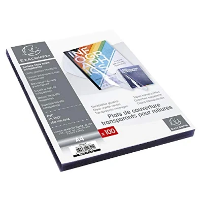Image de Exacompta Réf. 42741E Paquet de 100 plats en PVC 15/100ème cristal lisse haute transparence pour couvertures transparentes permet relier et présenter des dossiers au format A4