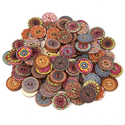Image de 100pcs Boutons en Bois Mixte Formes Rondes Rétro Imprimés Colorés pour Confection de Bricolage Couture Artisanat Décorations