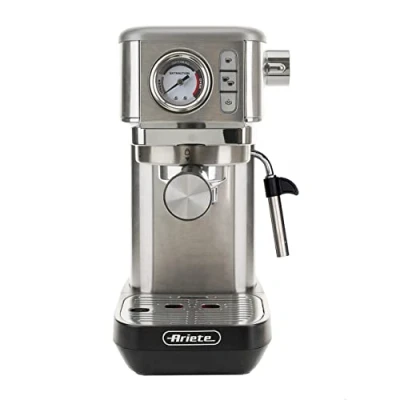 Image de Ariete Espresso Slim Metal 1381, Machine à Café avec Manomètre, Compatible en Poudre et Dosettes ESE, 15 Bar Max, Filtre 1 ou 2 Tasses, Buse Cappuccino, 1300W, Argent