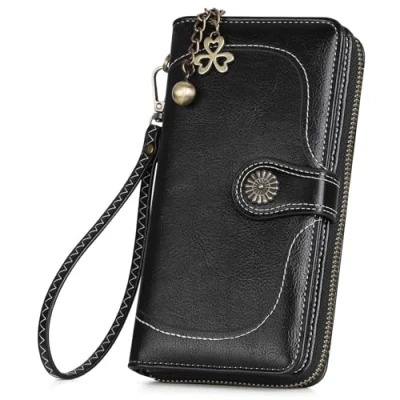 Image de RRANCharltu Portefeuille Femme Grande Capacite Cuir Porte Monnaie Elégant avec 12 Cartes y Compris 1 fenêtre d&#039;identification, Feuille pour Dames (Noir)
