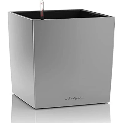 Image de Lechuza Pot de Fleurs d&#039;Interieur Premium Cube Réserve d&#039;Eau Intégrée Coloris Argent 40 x cm