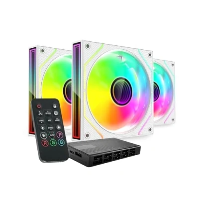 Image de MARS GAMING MF 3DPROKIT, Kit 3X Ventilateurs PWM 120mm, Éclairage ARGB Infinity Mirror 3D, Système de contrôle PWM, Paliers FDB, Télécommande et HUB, Compatibilité Totale ARGB, Blanc