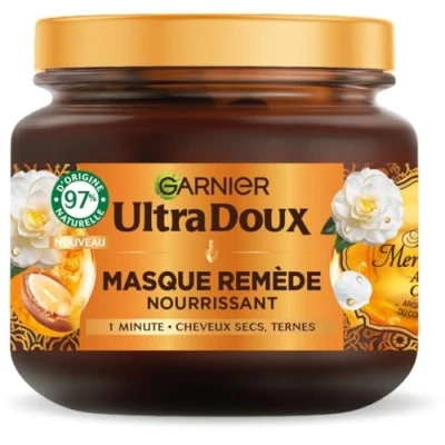 Image de Garnier Ultra Doux Masque Remède Nourrissant Huile d&#039;Argan &amp; de Camélia Pour Cheveux Secs Ternes Sans Silicone Parabène 340 ml