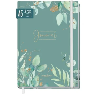 Image de paper&amp;you® Bullet journal dotted A5 avec élastique [Minty Leaves] 156 pages carnet de notes à pois, intime durable &amp; climatiquement neutre
