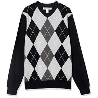 Image de Amazon Essentials Pull à col en V (Grandes Tailles Disponibles) Homme, Noir Losanges, L