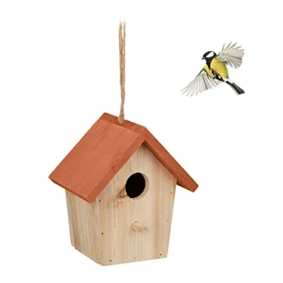 Image de Relaxdays Cabane à Oiseaux décorative, en Bois, Suspendre, HLP : env. 16 x 15 11 cm, Jardin et Balcon, Nature/Orange