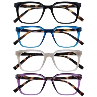 Image de OPULIZE KOI Lunettes de Lecture Lot 4 Large Monture Rectangulaire Noir/Bleu/Violet/Gris Hommes Femmes Charnières à Ressorts RRRR50 1357 +1.50