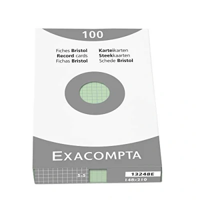 Image de Exacompta Réf. 13248E Étui de 100 fiches bristol quadrillées 5x5 non perforées format 148 x 210 mm compatibles avec imprimante jet d&#039;encre, laser et photocopieur couleur vert