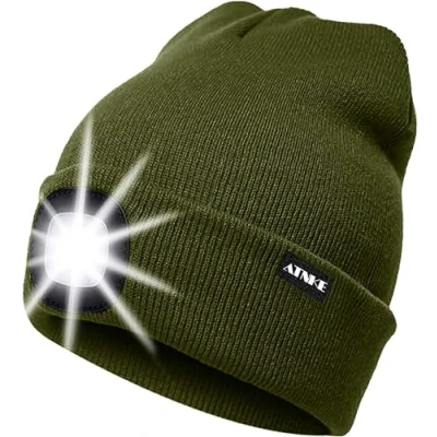 Image de ATNKE LED Bonnet Lampe Frontale,USB Rechargeable Chapeau de Course Ultra Lumineux 4 Étanche Lumière Hiver Chaud Phare Cadeaux pour Hommes et Femmes/ArmyGreen