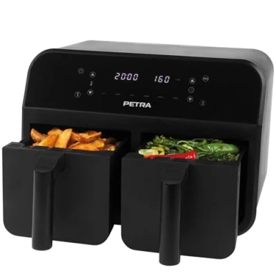 Image de Petra PT4750BLKVDEEU7 Friteuse Sans Huile à Double Tiroir, Air Fryer 7.4L, Air, 6 Programmes Prédéfinis, 2 Paniers de Friture Antiadhésive, Fonctions Sync &amp; Match, Écran Tactile LED, 2400W