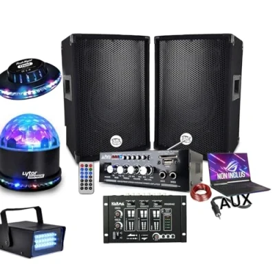 Image de Pack sono 600W, AMPLI BLUETOOTH + 2 ENCEINTES Table de mixage USB, Câblages, 3 Jeux lumières, PA DJ MIX SOIREE MAISON BAR