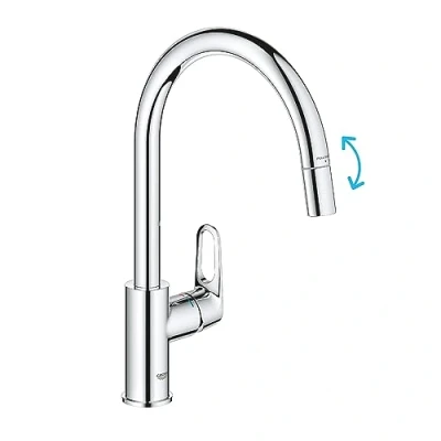 Image de GROHE Start Flow QuickFix 30570000 Mitigeur d&#039;évier de cuisine 1 levier avec fonction extractible (bec en C haut, zone pivotante à 360, cartouche céramique 28 mm, queues 1/2&quot;, haute pression), taille