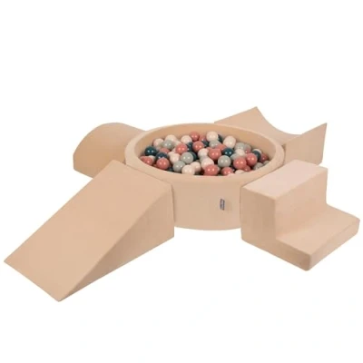 Image de KiddyMoon Velvet Aire De Jeux en Mousse avec Rond Piscine À Balles (200 Balles) Fosses Boules pour Enfants Jouets Parcours Obstacles, Beige Sableux: Turquoise Foncé/Beige Pastel/Vert Gris/Saumon