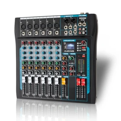 Image de table de mixage audio 6 canaux pour streaming, professionnelle avec effet 16 DSP, interface USB et mixeur d&#039;alimentation fantôme 48 V, DJ stéréo