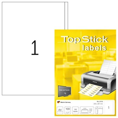 Image de TopStick Pochette de 100 étiquettes autocollantes multi usages (200 x 297 mm) Personnalisables et imprimables, Impression laser / jet d&#039;encre, (8719)