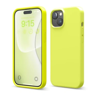 Image de elago Coque Silicone Liquide Compatible avec iPhone 15, Qualité Supérieure, Protection Intégrale [Structure Antichoc 4 Couches], Doublure Microfibre Douce Anti Rayures (Jaune Fluo)