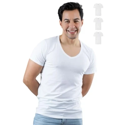 Image de SKIPPER Lot de 3 Premium Stretch T Shirts à Manches Courtes Homme Basique Col en V 95% Coton 5% élasthanne Maillot Corps Blanc Business Profond qualité supérieure 3XL