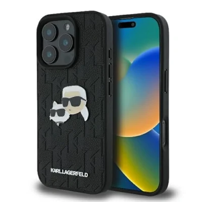 Image de Étui Karl Lagerfeld pour iPhone 16 Pro 6.3 noir étui rigide Monogramme Karl&amp;Choupette Head Pin Neuf