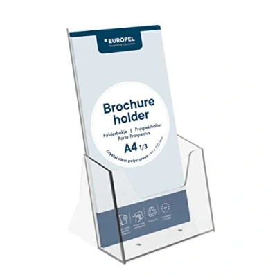 Image de EUROPEL porte brochures et documents, format 1/3 A4, construction en plastique résistant aux chocs, brochures, flyers menus distributeur pour le bureau, la réception, portrait.