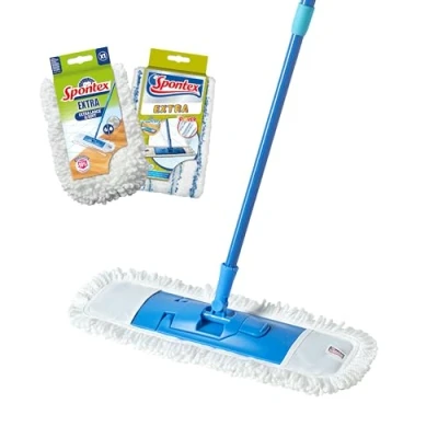 Image de Spontex Balai serpillère Extra plat microfibre polyvalent pour balayer et laver Longueur réglable (80 140 cm) Nettoie les sols stratifiés, planchers carrelages 1 recharge incluse
