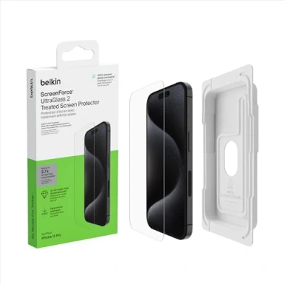 Image de Belkin Protection d&#039;écran antimicrobienne ScreenForce UltraGlass 2, verre pour iPhone 15 Pro, antirayure, note 9H, fin, support Easy Align inclus pose sans bulle d&#039;air