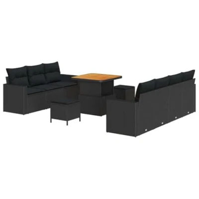 Image de Ensemble de Canapés Jardin 10 Pièces avec Coussins Noir Poly Rattan Acacia 3363524