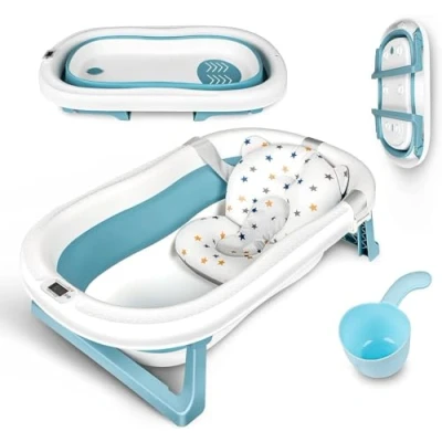 Image de Einesin Grand baignoire pliable Bébé avec Thermomètre à eau, Coussin, Rince Tete Bebe, bebe pour les bébés de 0 6 ans, 83 X 50 21 cm (Bleu)