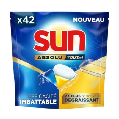Image de Sun Pastilles Lave Vaisselle Absolu Tout en 1 dégraissant 42 capsules tablettes imbattables sur les taches tenaces 2x plus de pouvoir