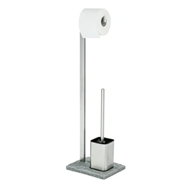 Image de WENKO Combiné WC 2en1 Granit Brosse à tête remplaçable et dérouleur papier toilette Tubes carrés acier inoxydable socle polyrésine effet pierre 23x73,5x19,5 cm Chromé