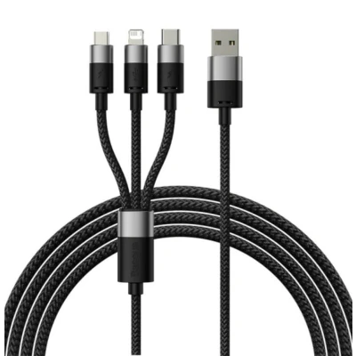 Image de StarSpeed 1 for 3 Fast Charging Data Cable USB to M+L+C 3.5A 1.2m Black de Baseus 2 Mètre / Noir Textile