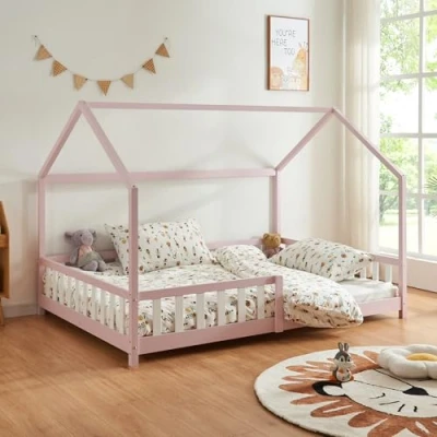 Image de [en.casa] Lit Cabane pour Chambre d&#039;enfant Double en Forme de Maison avec Sommier à Lattes Standard et Barrière Protectrice Bois Pin Contreplaqué 140 x 200 cm Rose
