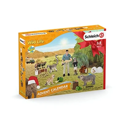 Image de Schleich 98272 Wild Life Calendrier de l&#039;Avent 2021 avec Figurines d&#039;animaux Bébé Hippopotame, Guépard, Lémurien, Éléphant, Scientifique et Plus Cadeau Jouet Fille Garçons à Partir 5 Ans