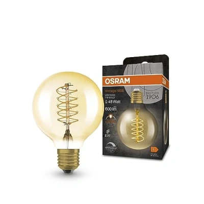 Image de OSRAM Lampe à LED Vintage 1906 avec teinte dorée, 7W, 600lm, forme de balle 80 mm diamètre et socket E27, couleur lumière blanche chaude, filament en spirale, dimmable durée vie