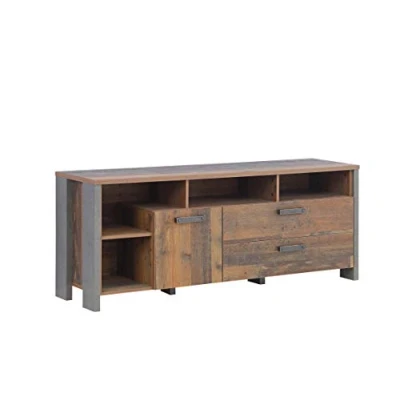 Image de NEWFACE Forte Clif Banc TV avec 1 Porte et 2 tiroir, matériau dérivé du Bois, Vieux Bois Vintage/Aspect béton Gris foncé, 161 x 63,9 41,6 cm