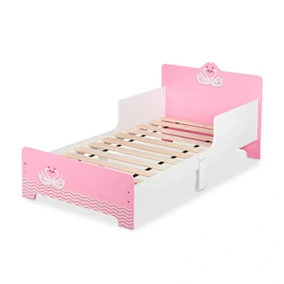 Image de Relaxdays Lit Enfant avec Protection, HxLxP: 60x77x143 cm, sommier à Lattes, Motif Cygne, MDF, Blanc Rose