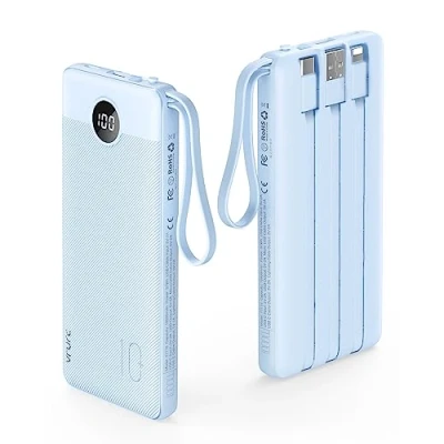 Image de VRURC Batterie Externe 10000mAh Câble intégré Power Bank USB C 2.4A et 5 Sorties Ultra Mince Portable avec l’Ecran LED pour iPhone,Samsung,Huawei Veste Chauffante