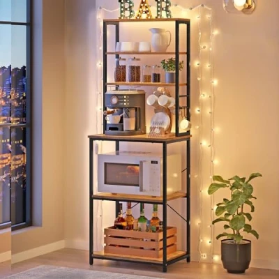 Image de VASAGLE Étagère de Cuisine, pour Machine à Café, 6 Étagères et Crochets, Four Micro Ondes, Cadre en Acier, Style Industriel, 40 x 60 167 cm, Marron Rustique Noir KKS024B01