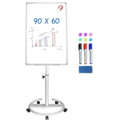 Image de maxtek Tableau Blanc Effacable sur Pied, 90 X 60 Cm Magnétique, Portable Paperboard avec Chevalet, Whiteboard pour l’enseignement, la Réunion, le bureau