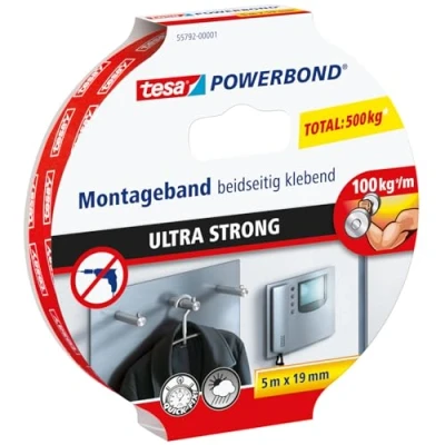 Image de tesa Powerbond Ultra Strong Ruban Adhésif de Montage Double Face Extra Fort Puissant pour la Fixation D&#039;Objets Sans Percer 5 m x 19 mm
