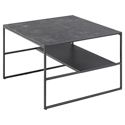 Image de Marque Amazon Movian Table basse avec étagère, Carrée, plateau effet marbre, base en métal noir, 70 x 45 cm