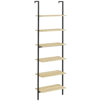 Image de HOMCOM Étagère échelle Mural bibliothèque étagère de Rangement Style Industriel 6 étagères Acier Noir Aspect Bois Naturel dim. 60L x 30l 206H cm