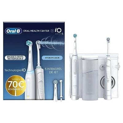 Image de Oral B Health Center Hydropulseur Dentaire et Brosse à Dents Électrique iO4, Jet Dentaire, 1 Canule Oxyjet, Water Jet, 4 Jets d&#039;Eau 5 Pressions, 2 Brossettes