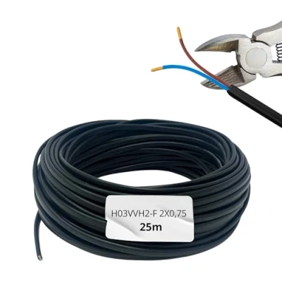 Image de HALOTEC 25 mètres Câble électrique 2 fils x 0,75 H03VVH2 F Double isolation PVC d&#039;installation courant Noir plat deux