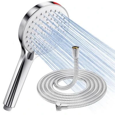Image de Pommeau de Douche avec Tuyau Haute Pression SREWOHS Economie Deau Anti Calcaire à effet pluie 5 types,Jet puissant encastrable pour carrelage baignoire