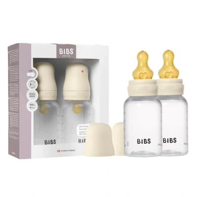 Image de Ensemble de 2 biberons BIBS d’une capacité 150 ml avec tétine en caoutchouc naturel fonction anti colique, sans bisphénol A, ronde, débit lent, convient aux nouveau nés Ivory